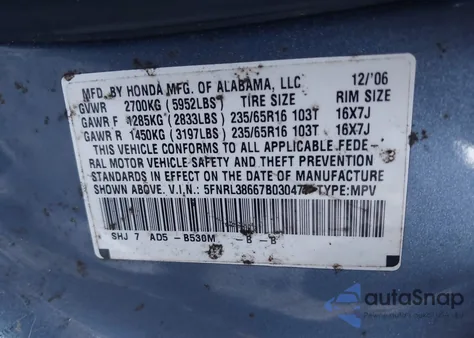 2007 Honda Odyssey Exl from USA, damaged, VIN 5FNRL38667B030477